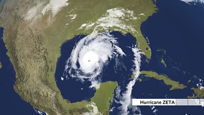 The eye of Hurricane Zeta clearly seen on the satellite image