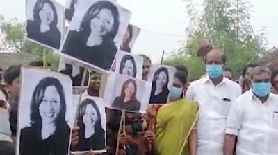 People in Thulasendrapuram lit firecrackers and walked with photos of the US vice-president-elect.