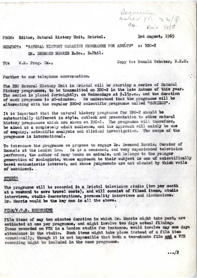 Memo about choice of Dr Desmond Morris, 3 Aug 1965