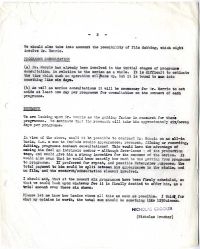 Memo about choice of Dr Desmond Morris, 3 Aug 1965