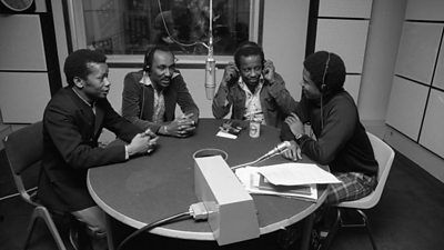 Picture Shows : Presenter Alex Pascall (Right) with guests in a "Black Londoners" Programme on tv Radio London, November 1976