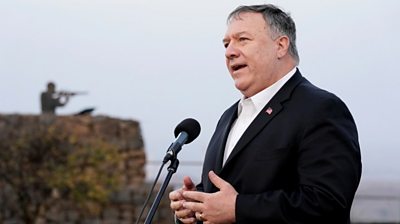 US Secretary of State Mike Pompeo speaks during a visit to the Israeli-occupied Golan Heights (19 November 2020)