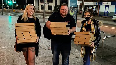 Pizzas being collected