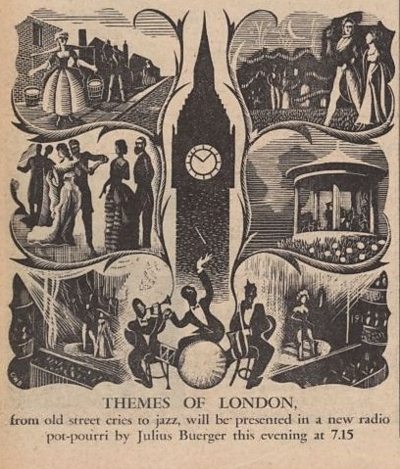 Radio Times illustration showing Big Ben surrounded by scenes of London music