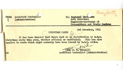 Typewritten memo banning 鶹ҳ Christmas cards in 1941