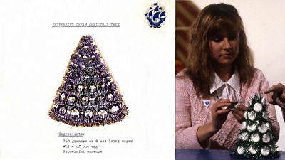 Blue Peter peppermint Christmas tree drawing, and a photograph of the design being made on the programme