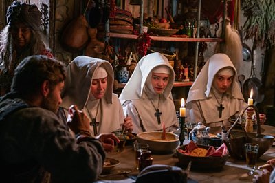 Angu Ayah (NILA AALIA), Mr Dean (ALESSANDRO NIVOLA), Sister Briony (ROSIE CAVALIERO), Sister Ruth (AISLING FRANCIOSI), Sister Blanche (PATSY FERRAN) in Black Narcissus (Image Credit: FX/Miya Mizuno)
