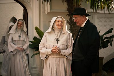 Mother Dorothea (DIANA RIGG), Father Roberts (JIM BROADBENT) in Black Narcissus (Image Credit: FX/Miya Mizuno)