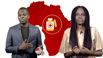 Two presenters with background showing map of Africa and a syringe with vaccine vial