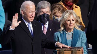 Joe Biden swearing in at inauguration ceremony