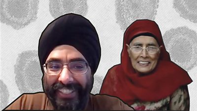 Dr Dilsher Singh next to his mum Balbir Kaur with coronavirus graphic in background