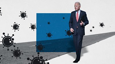 Graphic of Biden on a road with coronavirus symbols