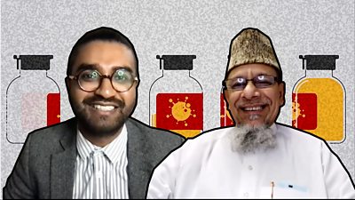 Dr Jahangir Alom with Imam Abul Hussain in front of a graphic of vaccine vials