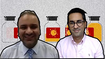Harjap Bhangal and Dr Carter Singh in front of a vaccine vial graphic