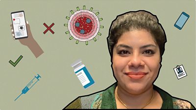 Raj Kaur Bilkhu in front of a background containing graphics including a syringe, phone and coronavirus cell