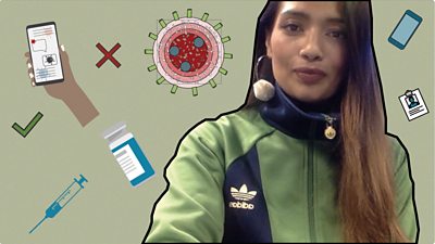 Poppy Begum in front of a background with different graphics including a syringe, phone and coronavirus cells