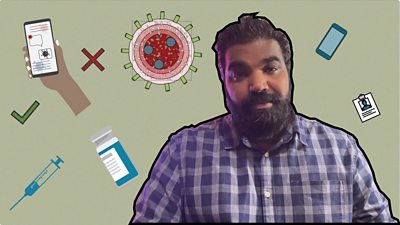 Jeyapragash Nallusamy in front of a background featuring graphics including a syringe, a phone and a coronavirus cell