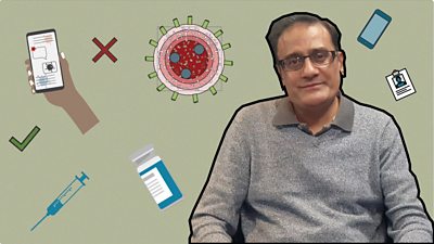 Kamlesh Purohit in front of a background with graphics including a syringe, phone and coronavirus cells