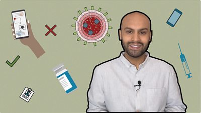 Haroon Rashid in front of a background with graphics including a syringe, phone and coronavirus cells