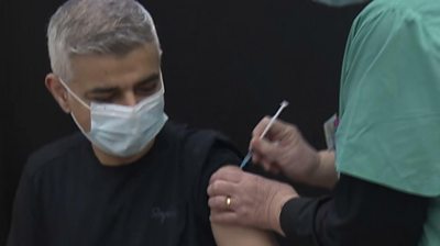 The Mayor of London receives his first dose of the Covid-19 jab and urges others to come forward for the vaccination.