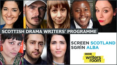 Scottish Drama Writers' Programme (l-r top row Anita Vettesse, James Price, Emma Lennox, May Sumbwanyambe, Jenni Fagan, bottom row Raman Mundair, Rob Drummond, Maryam Hamidi)