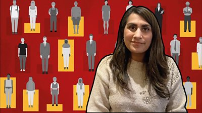 Dr Komal Badiani in front of a graphic showing a diverse array of people representing the UK's population