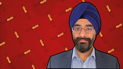 Dr Dilsher Singh in front of a red graphic with lots of vaccine syringes