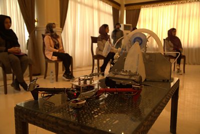 The ventilator built by the girls' robotics' team is shown at a special discussion session of WhatMatters2U. Credit: BBC Media Action Afghanistan
