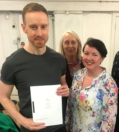 Bryce Hart (with script) at the read through for Beep with Anne Edyvean (Head of ý Writersroom) and Angela Galvin (Development Producer for ý Writersroom Scotland)