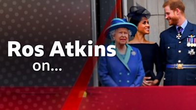 Image reads ‘Ros Atkins on..’ and shows Queen standing with Prince Harry and Meghan