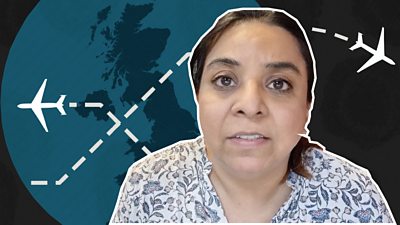 Ushma Mistry in front of a black background showing the map of the UK with planes flying in the background and flight paths