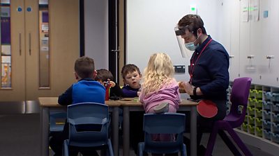 Children and teacher around desk