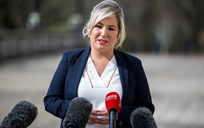 Deputy First Minister Michelle O'Neill reacts to the news there will be no prosecutions in relation to the funeral of Bobby Storey.