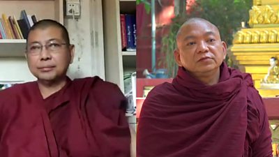 Two monks on opposing sides of the Myanmar protests