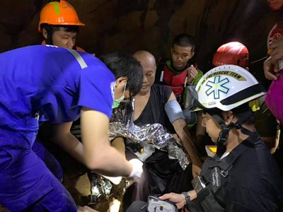 Moment Thai monk is freed from cave