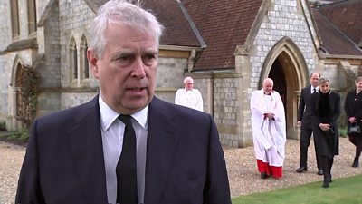 The Duke of York, Prince Andrew, outside the Royal Chapel of All Saints