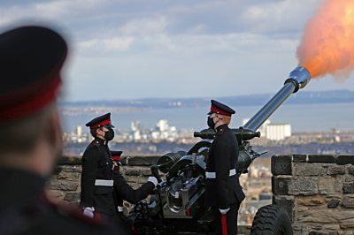 A view of the gun salute at Edinburgh Castle for the Duke of Edinburgh.