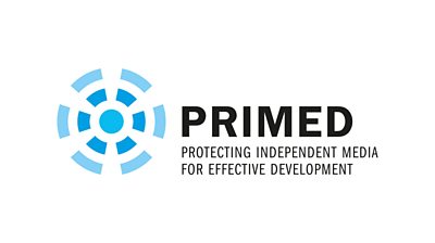 A blue flower-shaped logo sits alongside the printed words PRIMED - Protecting Independent Media for Effective Development.