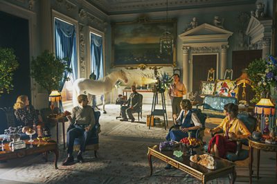 Fanny (EMILY BEECHAM), Davey (JOHN HEFFERNAN), Uncle Matthew (DOMINIC WEST), Merlin (ANDREW SCOTT), Aunt Emily (ANNABEL MULLION), Aunt Sadie (DOLLY WELLS) (Image Credit: Theodora Films Limited & Moonage Pictures Limited/Robert Viglasky)