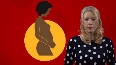 Reporter standing in front of graphic of pregnant person