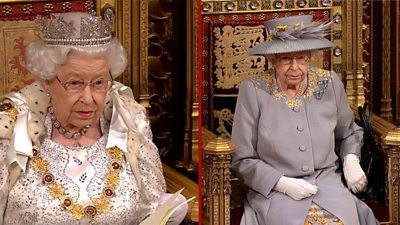 Queen in robes in 2019 and the Queen in day dress in 2021.