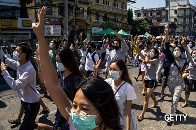 People protest in Yangon following a military takeover in Myanmar. Credit: Getty Images