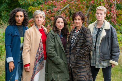 Tish (ABBIE HERN), Nancy (JULIE HESMONDHALGH), Anna (LAURA FRASER), Louie (EIRY THOMAS), Cat (HELEDD GWYN) in The Pact (Image Credit: BBC/Little Door (The Pact) Ltd/Warren Orchard)