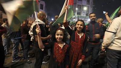 Palestinians celebrate in Ramallah city center in support of the resistance in Gaza