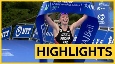 Watch highlights as Great Britain's Jess Learmonth is pipped by Netherlands' Maya Kingma in a thrilling finish to the women's race in the World Triathlon Championship Series.