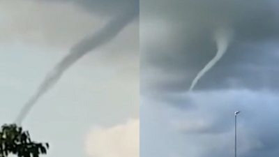 Split-screen showing two angles of the funnel cloud