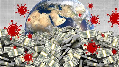 Piles of money in front of planet Earth and coronavirus symbols