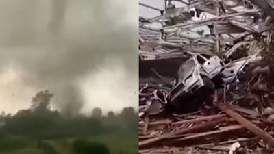 Split screen showing tornado and wreckage