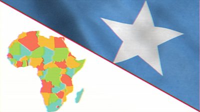Split screen between map of Africa and a Somali flag
