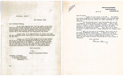 A typewritten letter to and response from Alexander Fleming